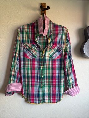 Arnold Zimberg Plaid Cotton Button Down Shirt Velour Trim Gold Thread